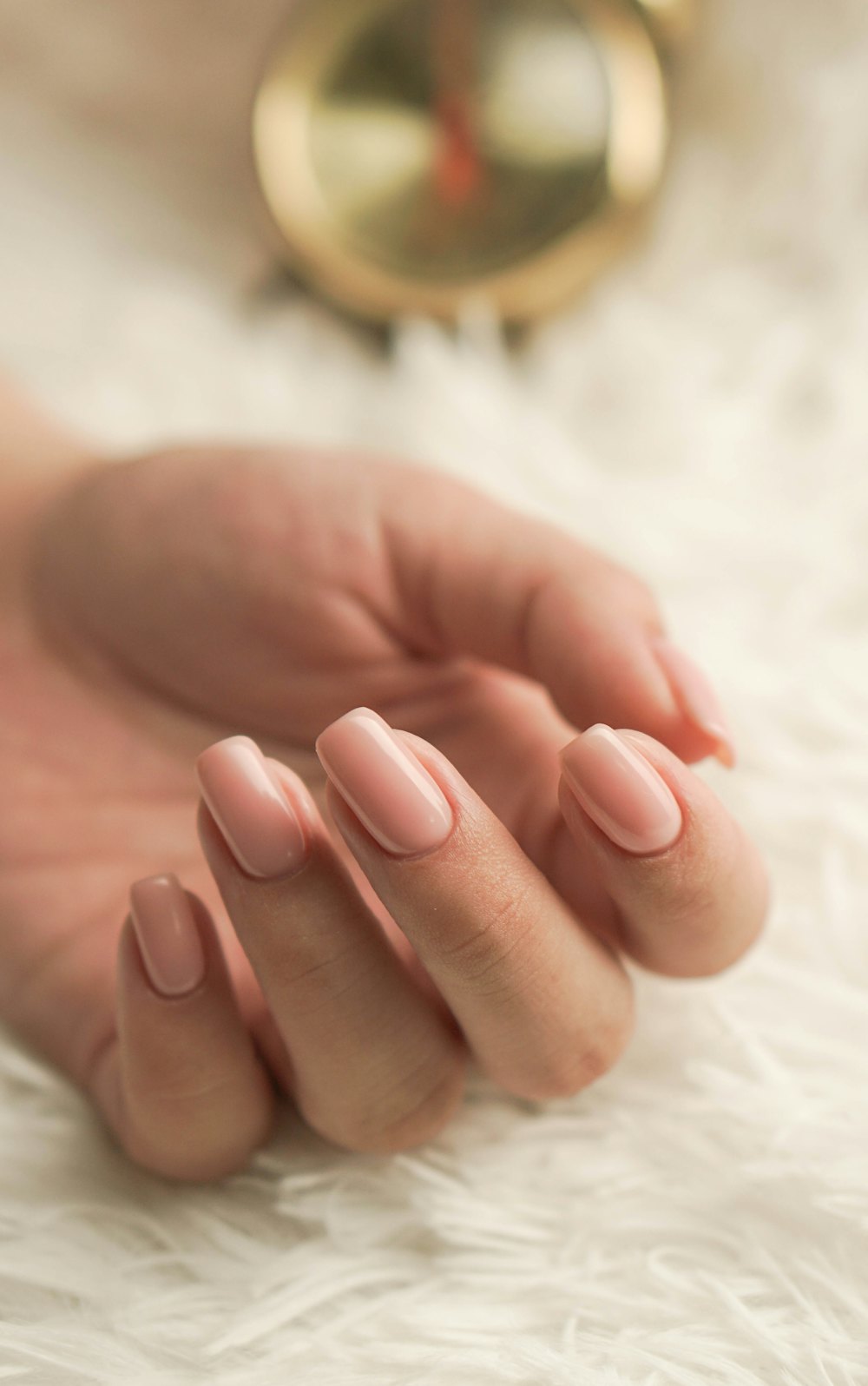 Hand with soft pink almond nails resting on white fur